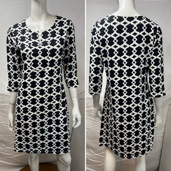 Barbara Erickson Women’s M Navy White Geometric Print 3/4 Sleeve Shift Dress - Picture 1 of 5